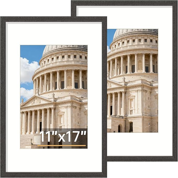 Vittanly 11x17 Picture Frame Set of 2, Solid Wood Frame for Wall Art Photo and Prints, Display Photo 8x12 with Mat or 11x17 without Mat, Black