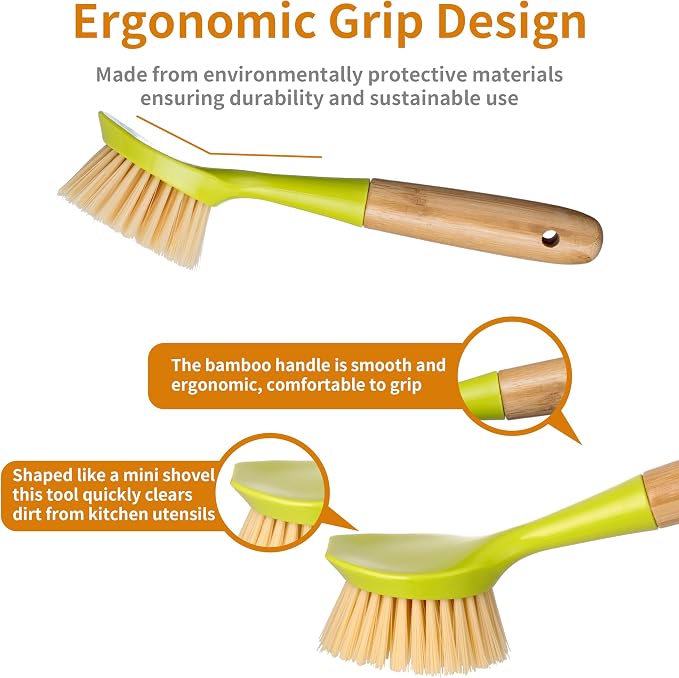 2 Pack Kitchen Dish Brush Bamboo Handle Dish Scrubber Built-in Scraper | Scrub - Image 4