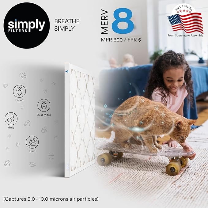Simply 16x18x1 Air Filter, Merv 8, 6 Pack, For Home AC Furnace & HVAC (Actual Size: 15.75"x17.75"x0.75") DUST, Pet, & Allergy Control