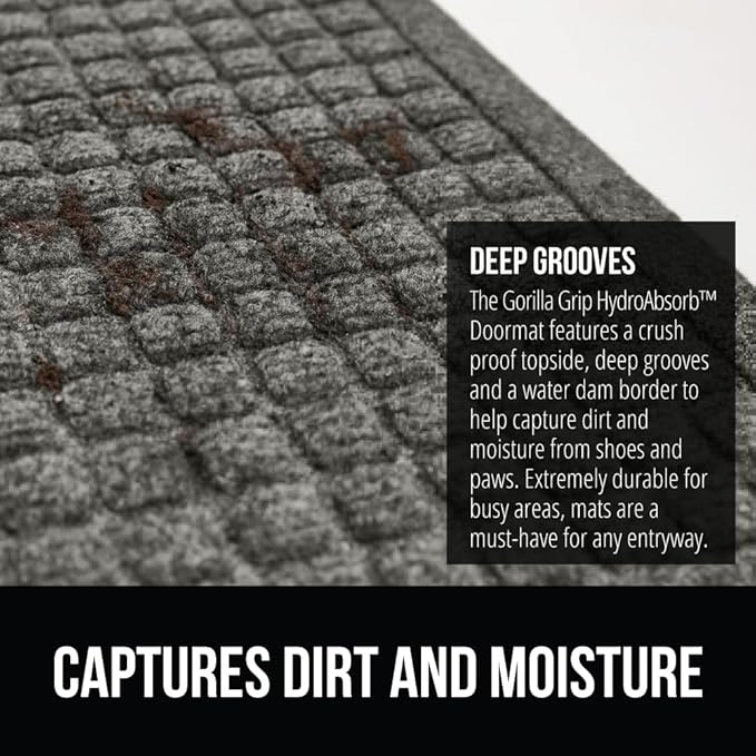 GORILLA GRIP Front Door Mat, 35x23, Indoor Outdoor Ultra Absorbent HydroAbsorb Doormat, Absorbs Up to 5.7 Cups of Water, Stain and Fade Resistant, Rubber Backing Doormats, Captures Dirt, Grey