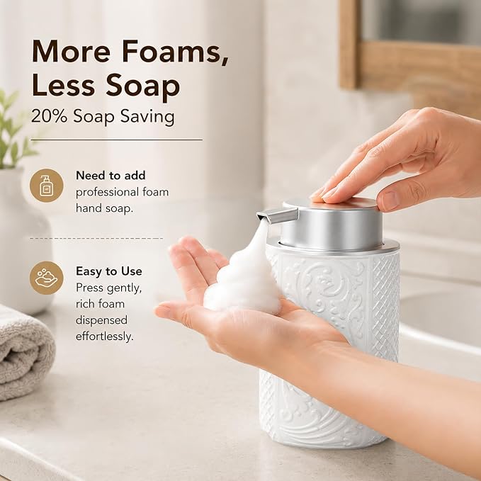 Ceramic Beige Foaming Soap Dispenser, 12OZ/350ML Empty Foam Hand Soap Dispenser - Image 2