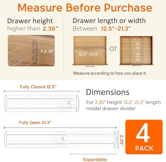 4 Pack 2.36" High Shallow Drawer Dividers, 12.5"-21.3" Expandable | Adjustable - Image 2