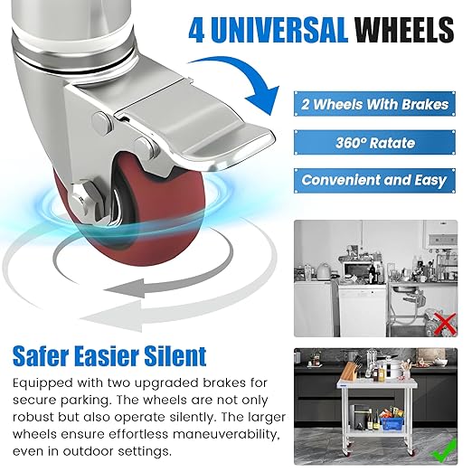 Stainless Steel Table for Prep & Work with 4 Caster Wheels with Adjustable Undershelf 24 x 30 NSF Metal Commercial Kitchen Worktable for Restaurant Home Outdoor | Prep & Work, 4 Caster Wheels, NSF, Commercial Kitchen, Worktable