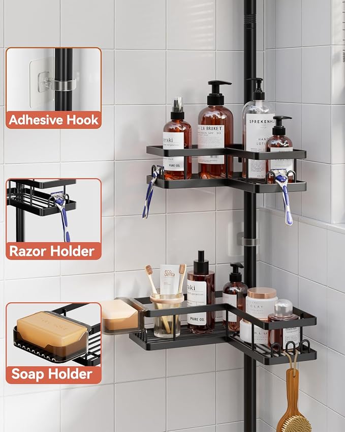 YASONIC Corner Shower Caddy Tension Pole, 25.7-109.1in Adjustable Shower Shelves - Image 7