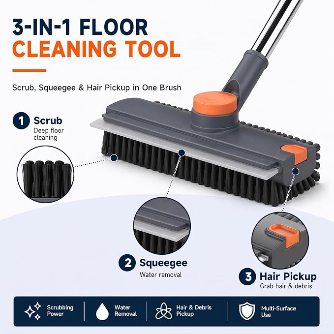 Floor Scrub Brush with Long Handle, 3-in-1 with Squeegee & Stiff Bristles | - Image 2