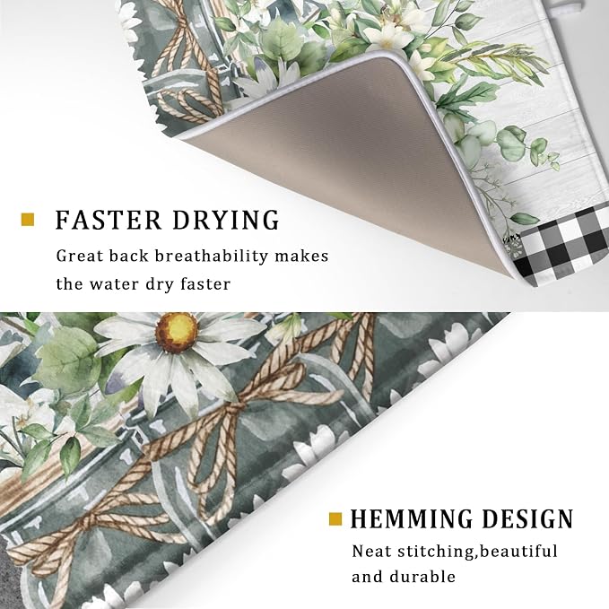 Daisy Floral Dish Drying Mat for Kitchen Counter Watercolor Flowers Absorbent - Image 3