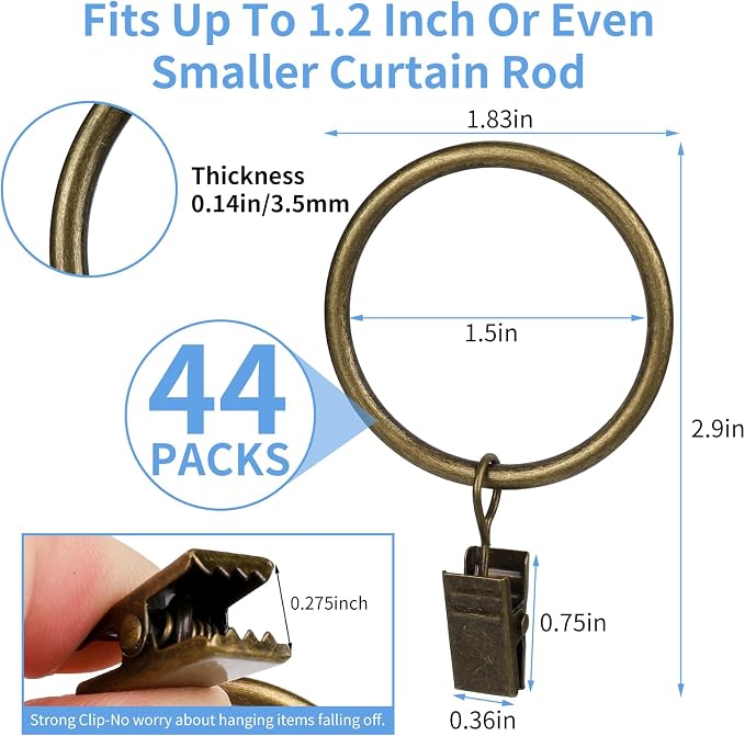 Curtain Rings with Clips, 44 Pack Metal Drapery Rings with Clips Hooks Hangers - Image 2