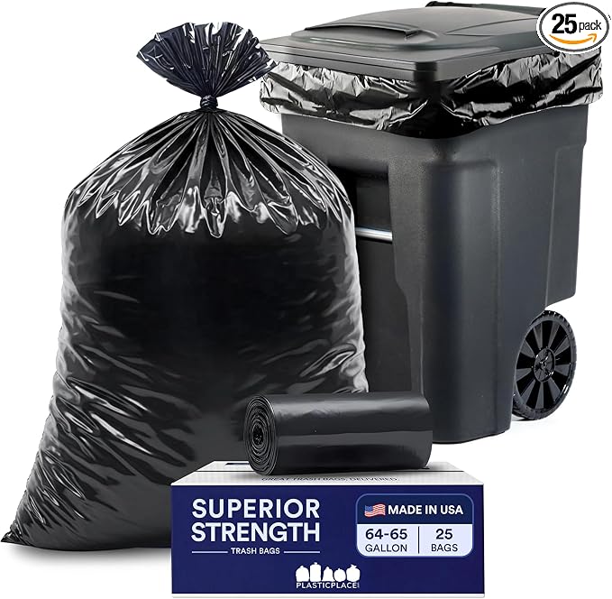 Plasticplace 64-65 Gallon Black Trash Bags, Heavy Duty Toter Can Liners by Plasticplace