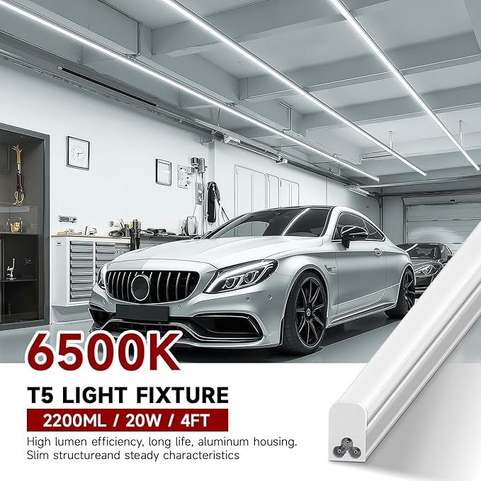 4 Pack T5 LED Shop Light, 4FT, 20W, 6500K 2200LM, Linkable Utility Fixture for Under Cabinet, Kitchen, Garage, Basement, Workshop Lighting, Easy Installation, Plug & Play