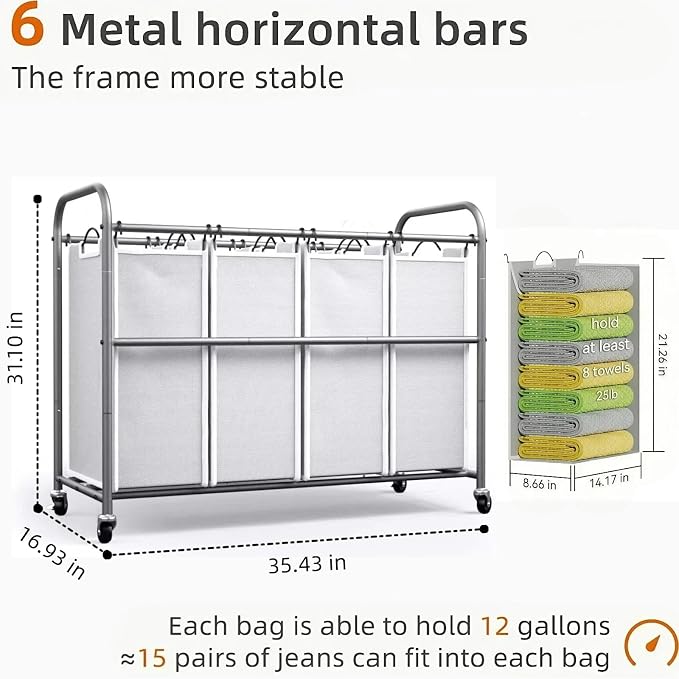 ROMOON Laundry Hamper Sorter Cart, 4-Section Organizer - Image 5