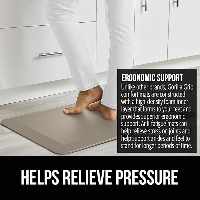 GORILLA GRIP Comfortable Cushioned Kitchen Mats for Floor, Waterproof and Stain Resistant Soft Top, 3/4 Inch Thick Ergonomic Standing Desk Anti Fatigue Mat, Foam Supports Ankles and Feet, 20x32, Taupe
