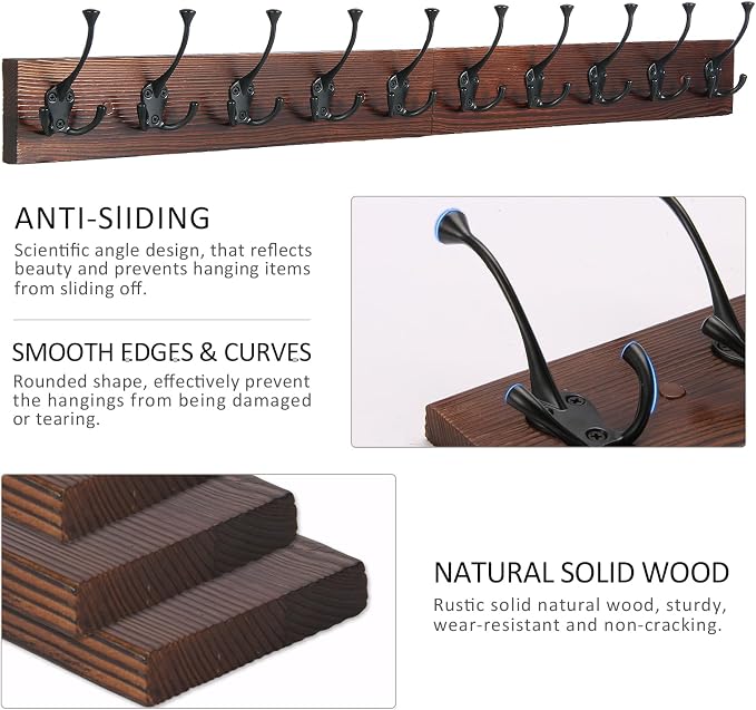 IBosins Brown Wood Wall Mounted Coat Rack, Rustic Coat Hooks Rail - Image 5