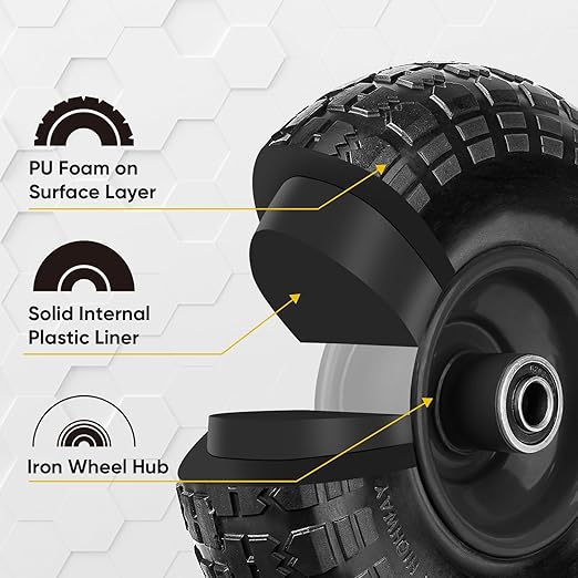 TICONN 10" Solid Tires, 4 Pack Flat Free 4.10/3.50-4'' Wheels with 5/8” Axle Bore Hole and Double Sealed Bearings (Black, 4PK)
