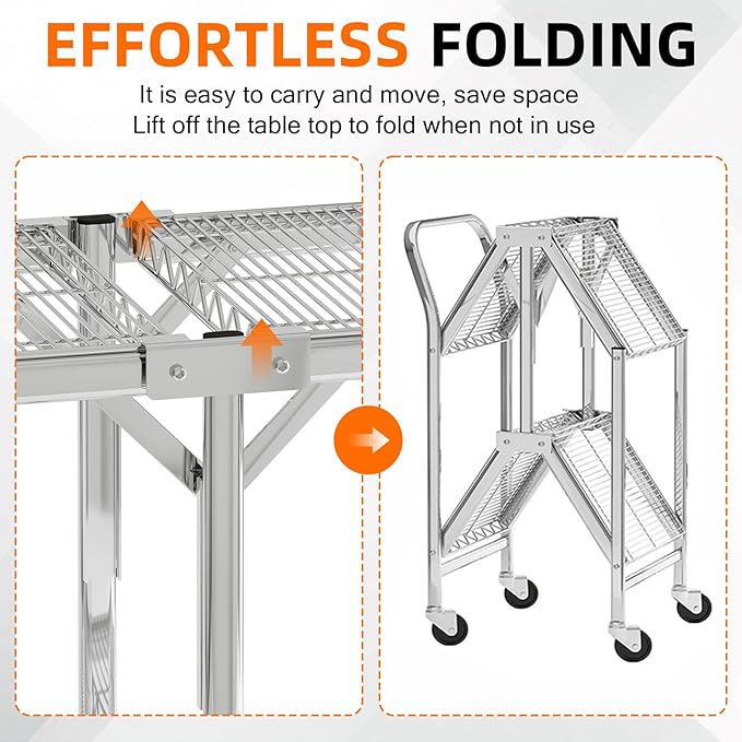 Collapsible 2 Shelf Wire Cart, Heavy Duty Collapsible Wire Rolling Utility Cart with Locking Brakes, 500lb Capacity, Folds Up for Storage, Chrome, 37.5" x 20.4" W x 36.2" H