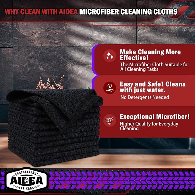 AIDEA Microfiber Cleaning Cloth Black, Microfiber Towels, 12×12" | Shop Towels - Image 2