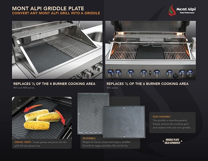 Mont Alpi Premium 70"W x 24"D Black Stainless Steel Compact Outdoor Kitchen Island with Access Doors + 32"W 4-Burner BBQ Grill with Infrared Rear Burner + Storage Cabinets + White Granite Countertops
