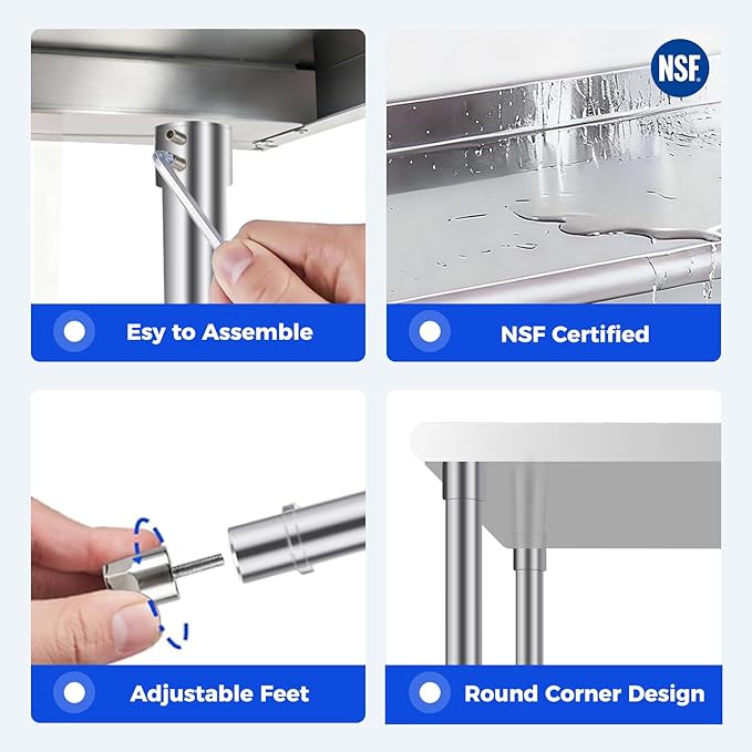 OSTBA Stainless Steel Table for Prep & Work 24x18 Inches, NSF Metal Commercial Heavy Duty Table with Adjustable Undershelf and Adjustable Foot for Restaurant Kitchen Home and Hotel