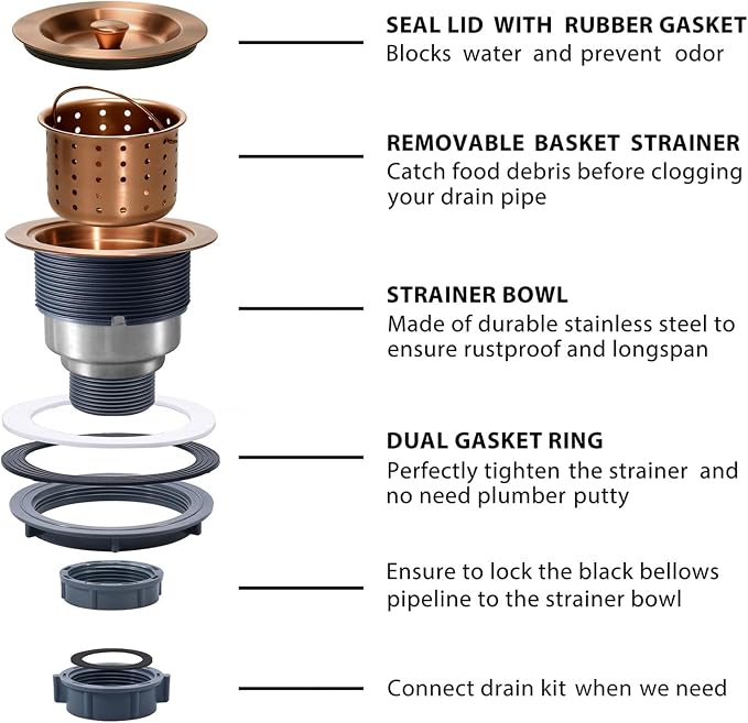 KONE 3/1-2 Inch Sink Drain Assembly Antique Copper Kitchen Sink Drain Kit - Image 6