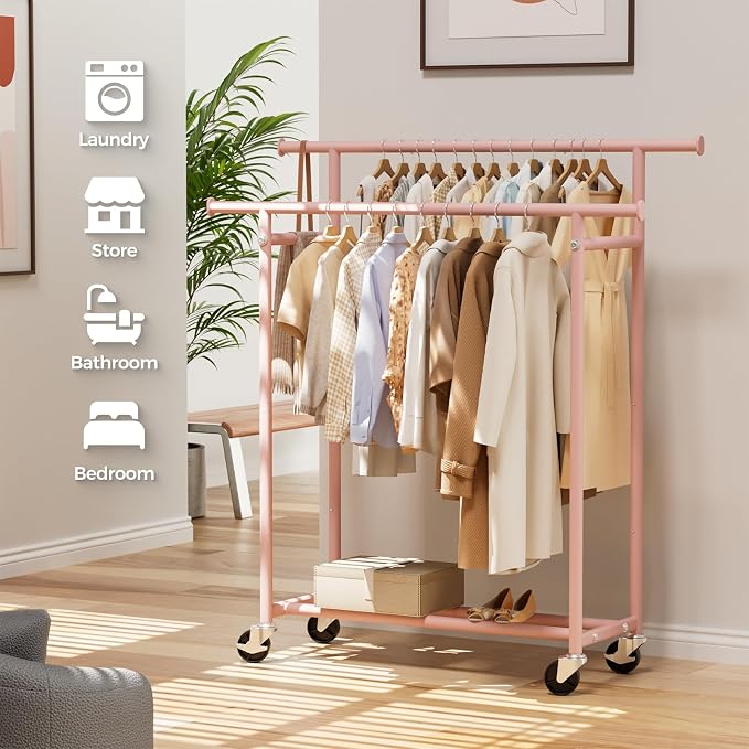 HYSEYY Clothes Rack, Double Rods Rolling Clothing Rack - Image 7