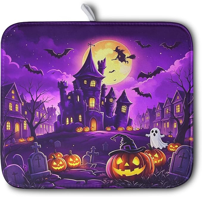 Halloween Dish Drying Mat for Kitchen Counter Witch Castle Bats Ghost Purple by Kwlegh