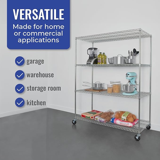SafeRacks WS-602472-ZW4 NSF Certified 4-Tier Heavy Duty Wire Rack Storage Shelves with Wheels & Adjustable Feet, 24"x60"x72", Silver