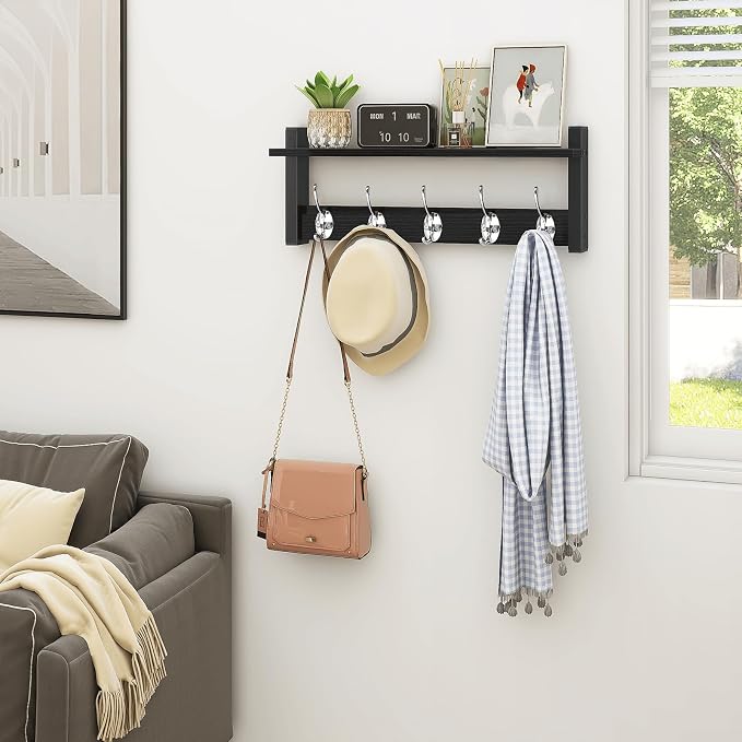 Wall Coat Rack With Shelf, Wood Entryway Hanger With Hooks, Small Floating Pegs - Image 7
