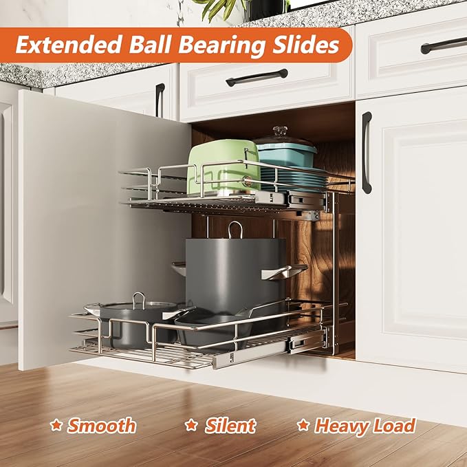 ROOMTEC Individual Pull Out Cabinet Organizer (12½" W x 21½" D), 2 Tier Spice Rack Organizer for Cabinet, Slide Out Drawer Pantry Shelf Organization and Storage for Kitchen Bathroom