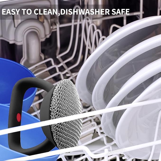 Cast Iron Cleaner Scrubber with Heavy Duty Handle, 3mm Welded Chain Mail Scrubber for Pan Pot Grill Cleaning - Small Ring Chainmail Scrubber Metal Scrub Sponge Skillet, Oven, Griddle, Wok Brush