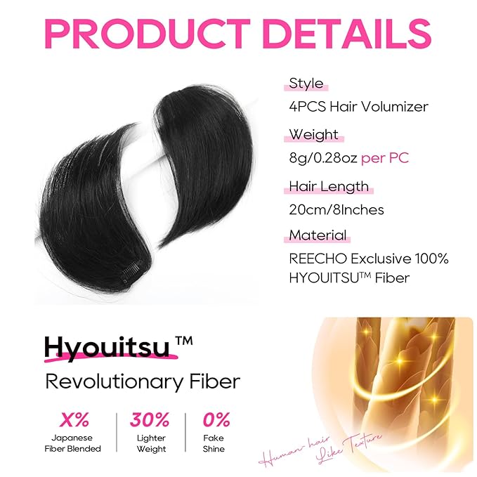 REECHO Clip in Hair Volumizer, Short Thick Clip in Hairpieces Adding Extra Hair Volume Extensions for Women with Thin Fine (Black, 8 Inch(Pack of 4))