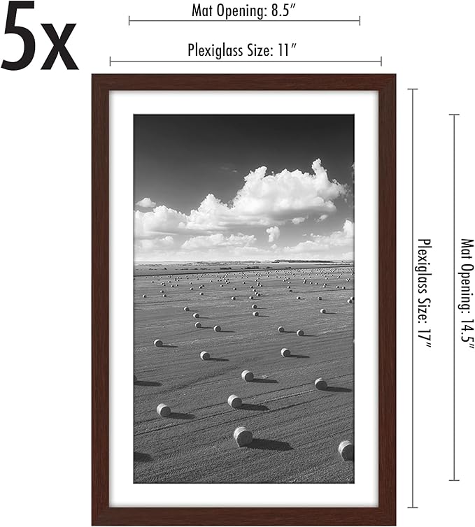 Americanflat 11x17 Picture Frame with Polished Plexiglass - Set of 5 - Use as 9x15 Frame with Mat or Display 11x17 Photo Without Mat - Galleria Collection - Picture Frames for Wall Display - Mahogany