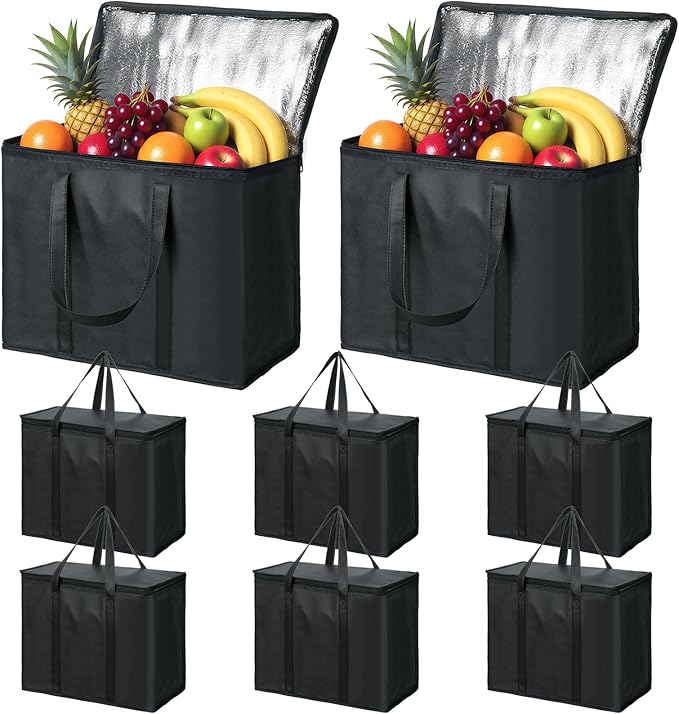 Kenning 8 Pcs Large Insulated Reusable Grocery Bags with Sturdy Zipper and Handles Foldable Washable Cooler Totes Heavy Duty Hot or Cold Food Delivery Bag for Food Transport Travel Lunch (Black)