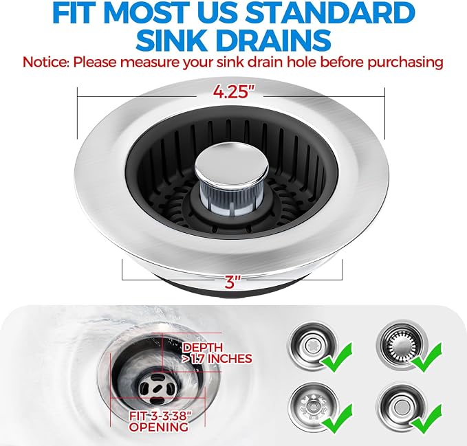 zaa 3 in 1 Kitchen Sink Drain Strainer Stopper Removable Basket Pop-Up - Image 6