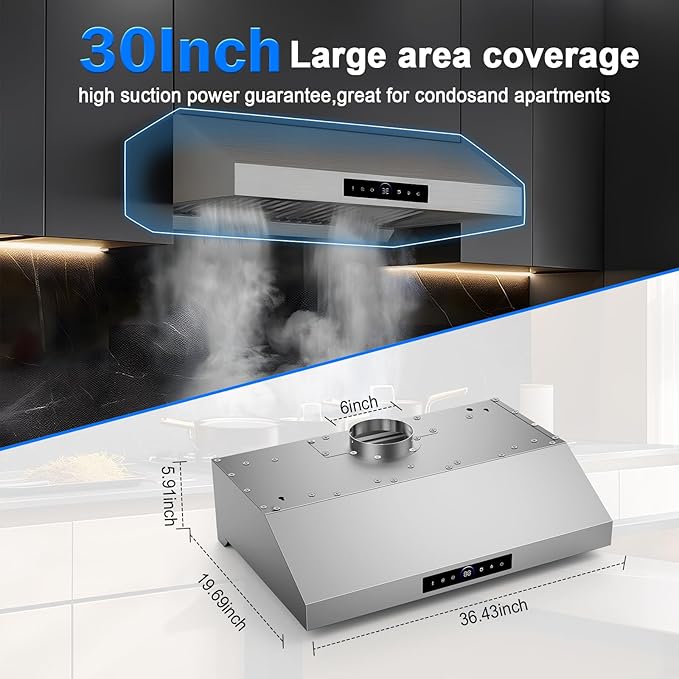 30" Under Cabinet Range Hood- 1200CFM Ultra Powerful Stainless Steel Ducted Vent Hood with 4 Speeds,Smart Touch Panel, 3W LED Lights, Quiet Kitchen Exhaust Hood,17S-E30