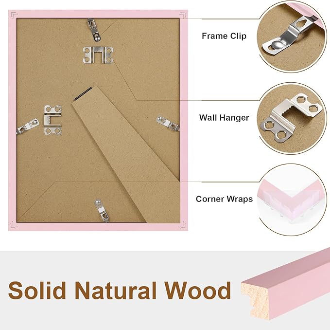 Vittanly 8x10 Picture Frame Set of 2, Solid Wood Frame for Wall or Tabletop, Display Photo 5x7 with Mat or 8x10 without Mat, Pale Pink