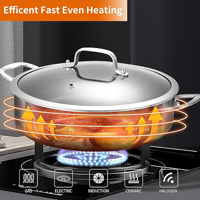 DELARLO Saute Pan 8QT, Frying Pan Nonstick with Lid, Tri-ply Stainless Steel Skillet, Large Braiser Induction, Everyday Pans, Heavy Duty Style, Compatible with All Cooktops Up to 660℉