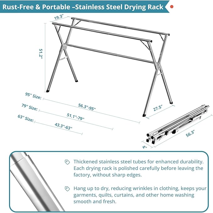 79" Clothes Drying Rack, Drying Rack Clothing Folding Indoor Outdoor | Heavy - Image 6