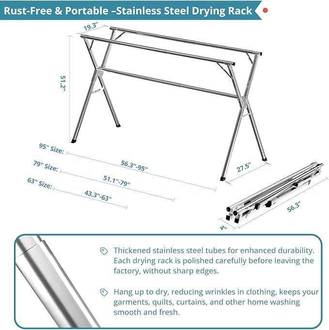 63 Inches Clothes Drying Rack, Drying Rack Clothing Folding Indoor Outdoor - Image 6
