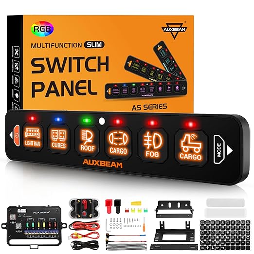 Auxbeam 6 Gang Slim Switch Panel RGB AS-R60 Automatic Dimmable Switch Panel with Toggle Momentary Pulsed Off Backlight Unique Patented Design Control Panel for Truck Offroad Boat, 2-Year Warranty