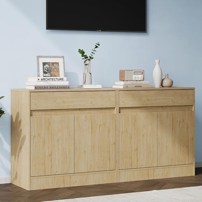 Buffet Cabinet with 2 Doors and Drawer, Coffee Bar Cabinet with Adjustable Shelf, Modern Kitchen Buffet Sideboard for Living Room, Kitchen, Natural