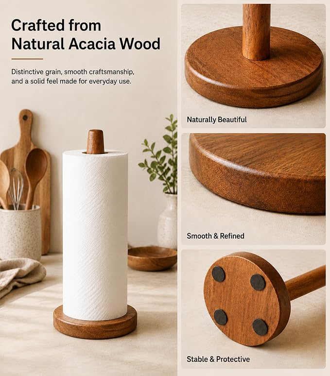 KitchLife Acacia Wooden Paper Towel Holder Countertop - Image 2