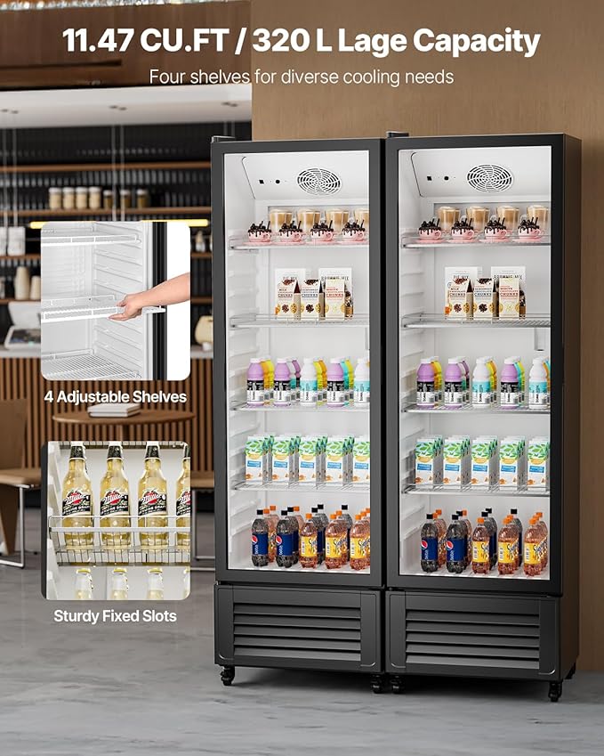 VEVOR Commercial Merchandiser Refrigerator, 11.47 CU.FT Glass Door Display Refrigerator, Upright Beverage Refrigerator Cooler Merchandiser with 4 Adjustable Shelves, Casters, Soft LED Light, Black