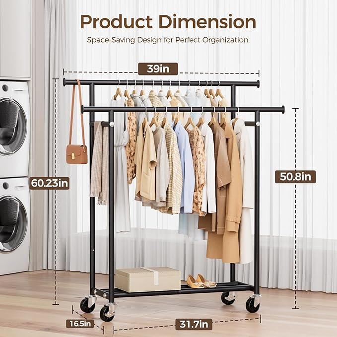 HYSEYY Clothes Rack, Double Rods Rolling Clothing Rack - Image 3