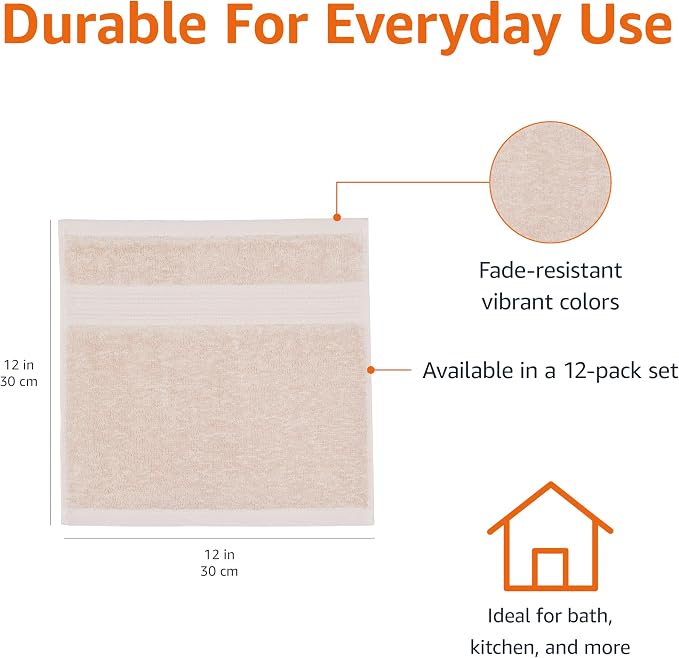 Amazon Basics Fade-Resistant 100% Cotton Washcloths, Machine Washable, Blush - Image 3