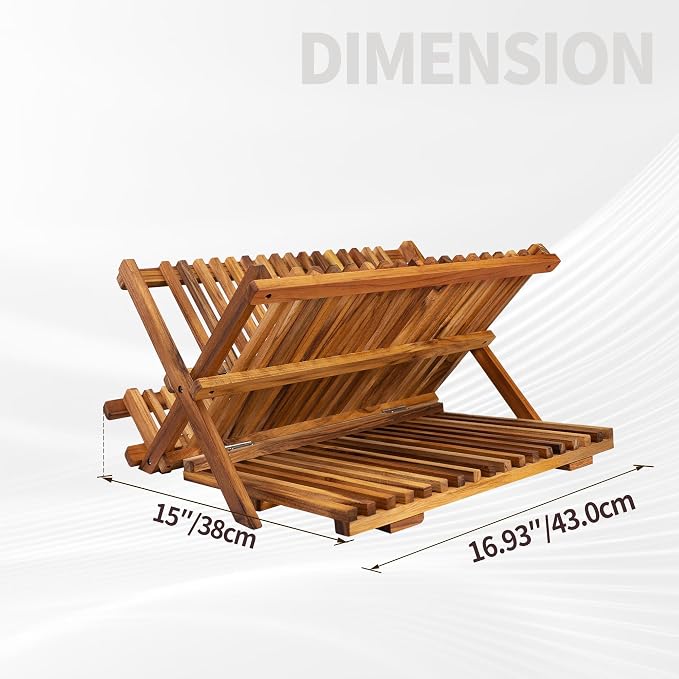 Utoplike Teak Dish Drying Rack Collapsible, Large Dishes Draine 3 Tier | - Image 3