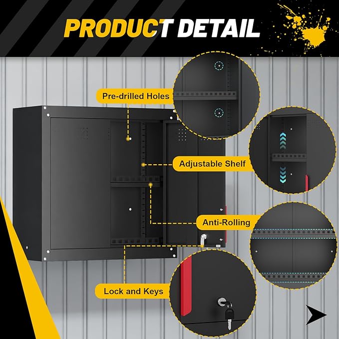 30" Garage Wall Cabinet, Metal Wall Cabinet with Lock & Adjustable Shelf,Heavy-Duty Black Garage Storage Cabinet,Ventilated Metal Wall Cabinets for Workshop & Tools
