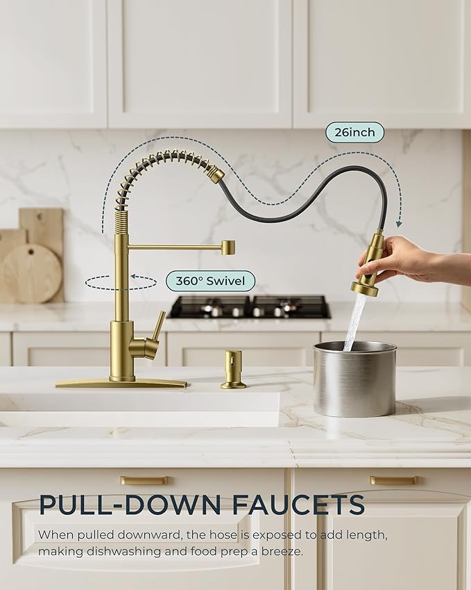 FORIOUS Gold Kitchen Sink Faucet, Pull Down Sprayer, Classic High Arc | - Image 2