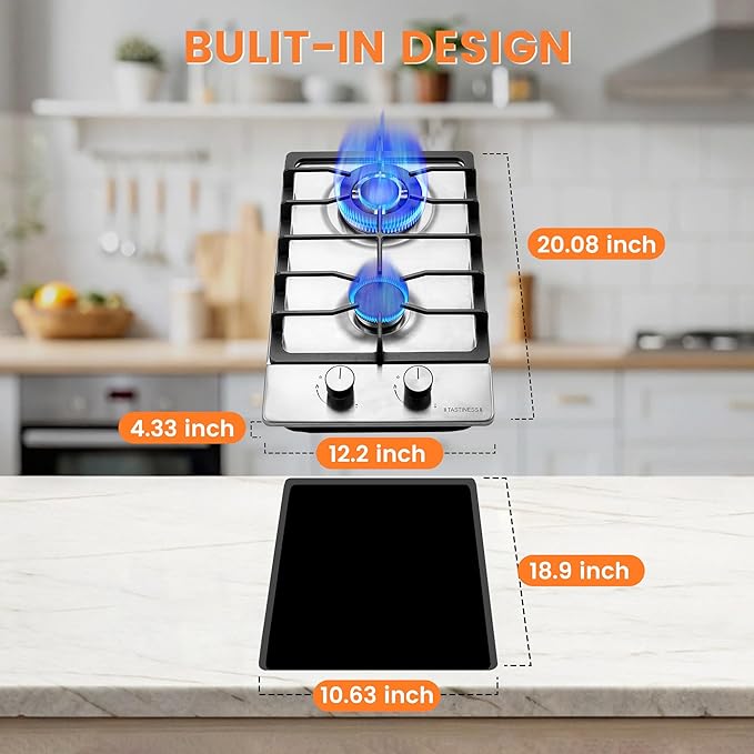12 Inch Gas Cooktop, Stove Top, Stainless Steel Bulit-in Kitchen Stove, NG/LPG Convertible Gas Stovetop with Thermocouple Protection