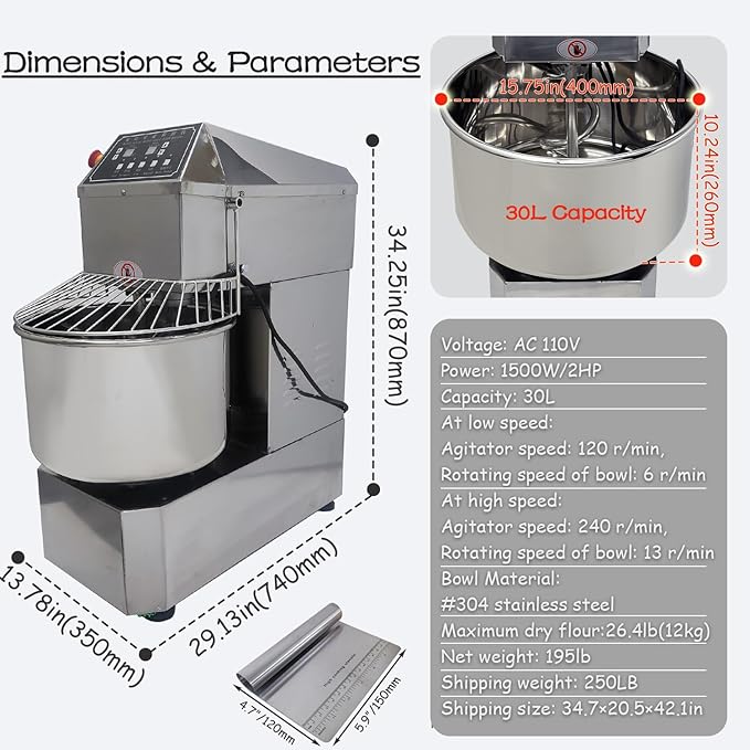 INTSUPERMAI Commercial Dough Mixer Machine 30QT Stand Flour Mixing Machine Electric Food Stand Mixer with Double Action Double Speed Spiral Mixing Time Setting 110V 30L Capacity