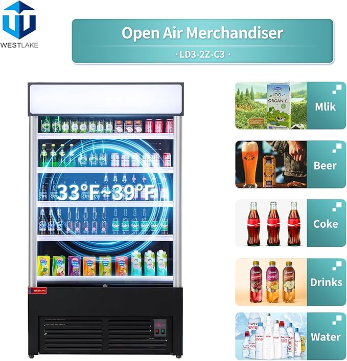 WESTLAKE Open Air Merchandiser Commercial Refrigerator with Night Curtain 34 Cu.ft 45.7” W 32.5" D Upright Fan Cooling Display Cooler for Stores, Supermarkets, Bar, Shops, etc