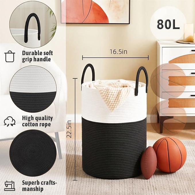 Artfeel Laundry Basket, Woven Cotton Rope Laundry Hamper, 80L - Image 5